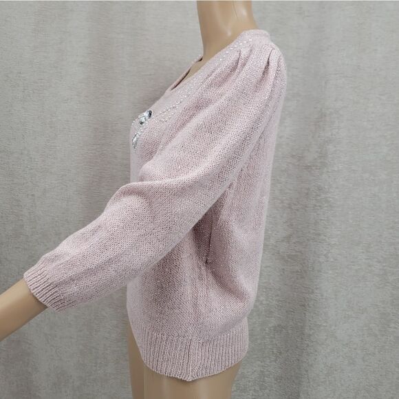 Stepping Stones Vintage Light Pink Silk Angora Blend Pearl Sequin Bow on Front - Picture 6 of 11